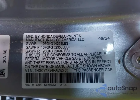 2024 Honda Accord Ex z USA, uszkodzony, nr VIN 1HGCY1F34RA092753